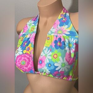 Boho Floral Halter Beachy Retro Style Bikini Swim Top Size XL